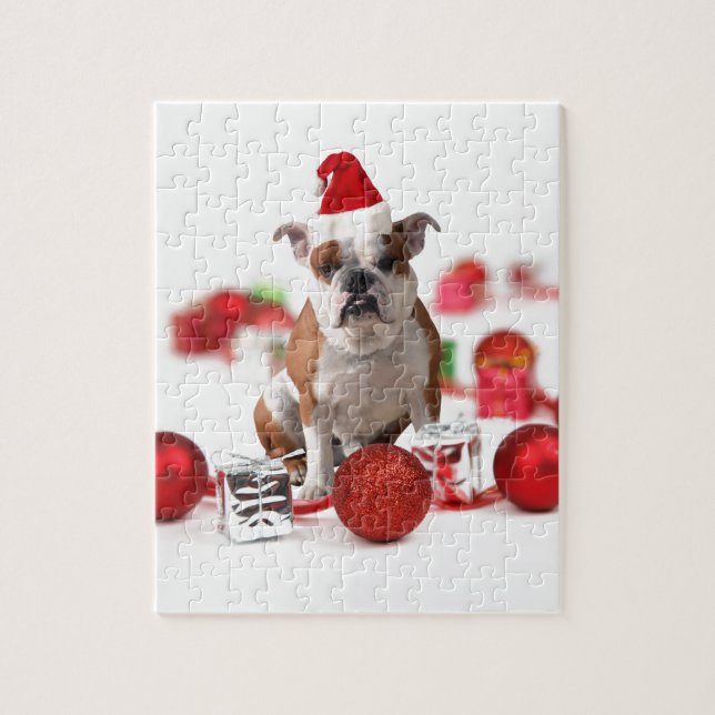 Puzzle Navidades de bulldog Caja de regalo Ornamentos Red (Vertical)