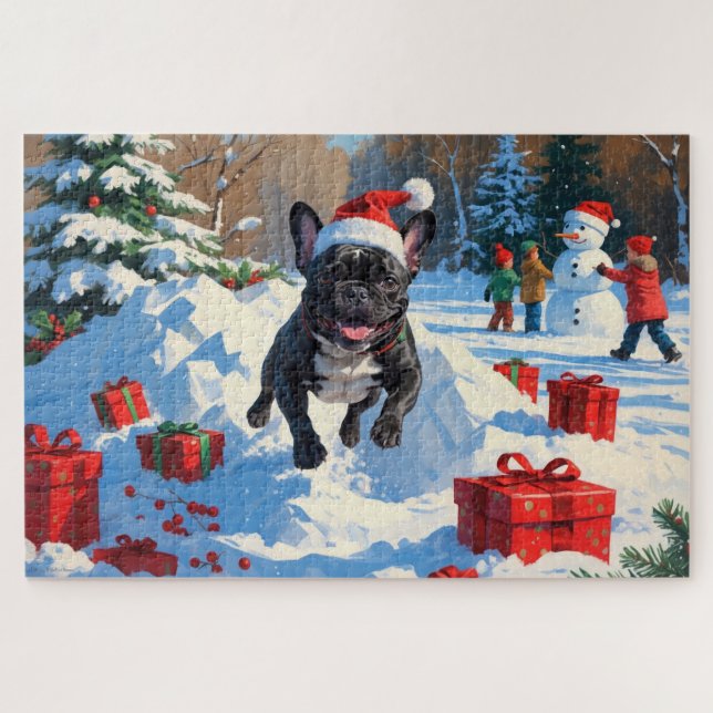 Puzzle Navidades de Bulldog de Francia negra celebran esc (Horizontal)