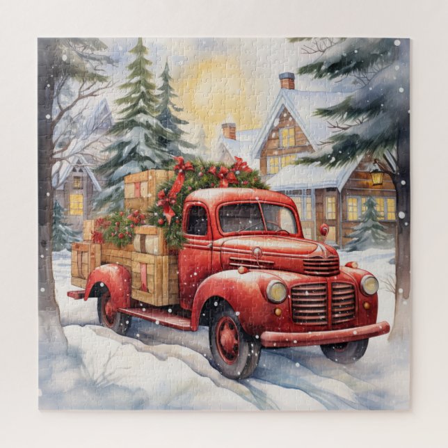 Puzzle Navidades de camionetas rojas navideños en inviern (Vertical)