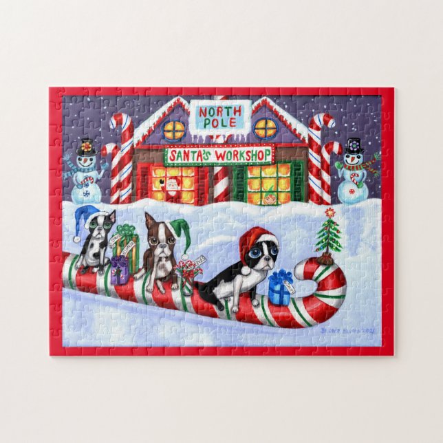 Puzzle Navidades de Candy Cane Santa de Boston Terriers (Horizontal)