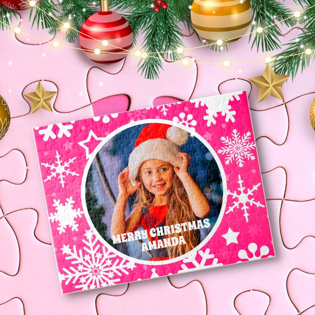 Puzzle Navidades de copos de nieve rosa foto personalizad (Subido por el creador)