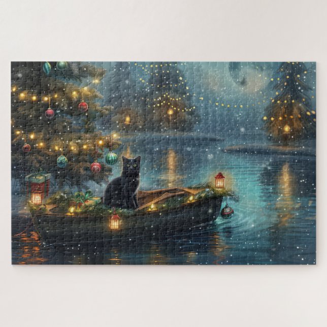 Puzzle Navidades de gato negro disfrutan de la fiesta (Horizontal)
