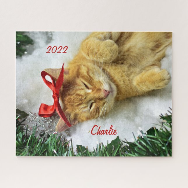 Puzzle Navidades de gatos de Tabby Naranja personalizado (Horizontal)