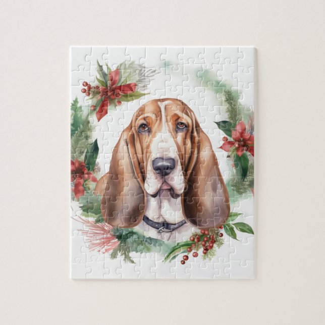 Puzzle Navidades de Hound Basset Wreath Festimes Pup (Vertical)