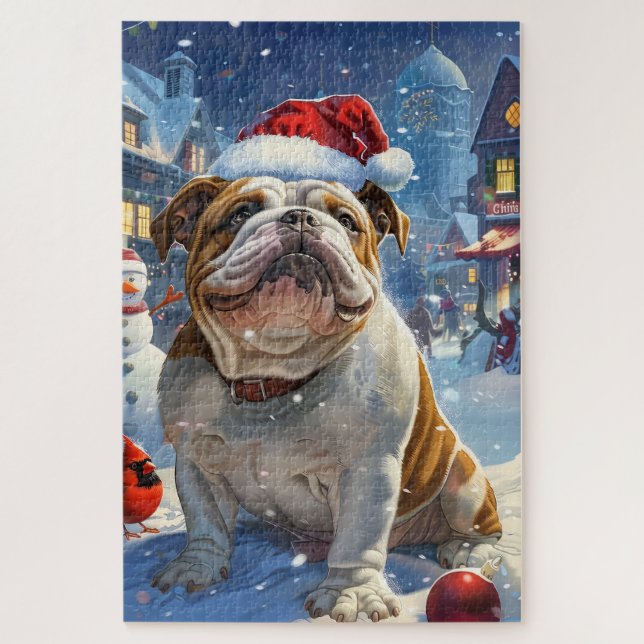 Puzzle Navidades de invierno Bulldog inglés disfrutan (Vertical)