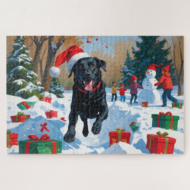 Puzzle Navidades de Labrador Negro festejan escena de nie (Horizontal)