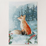 Puzzle Navidades de los bosques de nieve<br><div class="desc">Coloridas acuarelas Navidades de ilustracion se zorran con bayas rojas y paisaje de bosques nevados de invierno.</div>