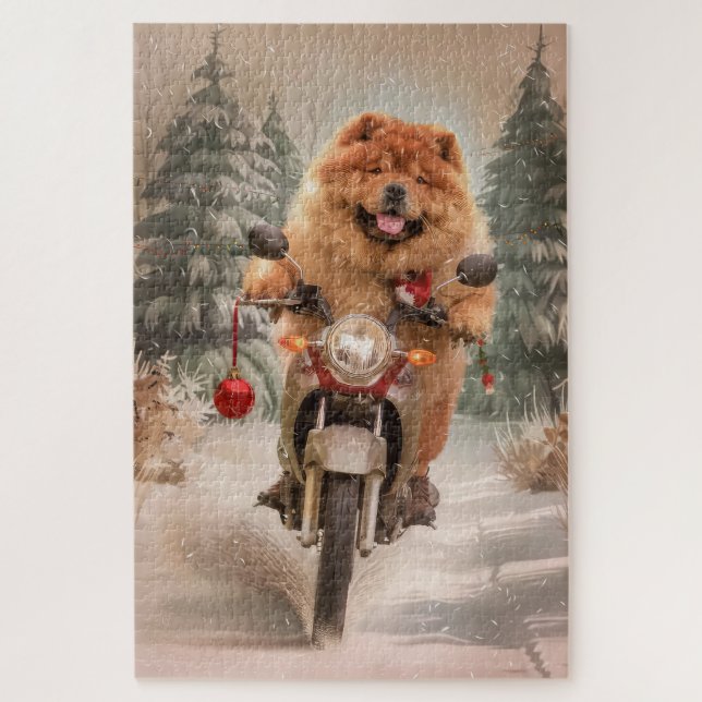 Puzzle Navidades de motocicleta Chow Chow Dog Riding (Vertical)