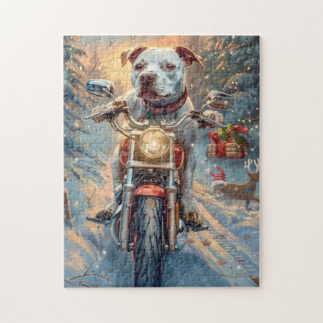 Puzzle Navidades de motocicleta de American Staffordshire (Vertical)