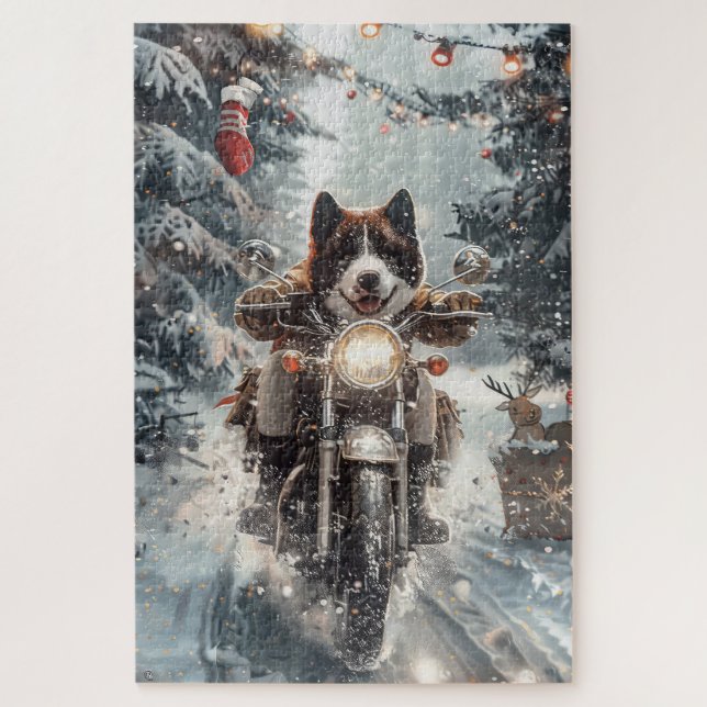 Puzzle Navidades de motocicletas de American Akita Dog Ri (Vertical)