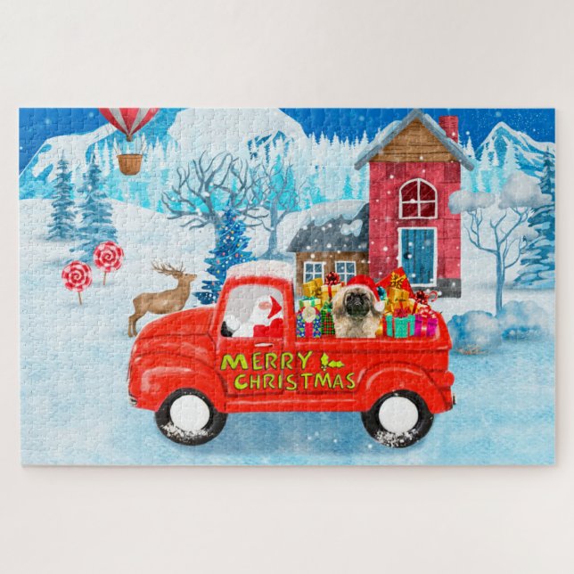 Puzzle Navidades de perro de Pekín lanzan nieve en camión (Horizontal)