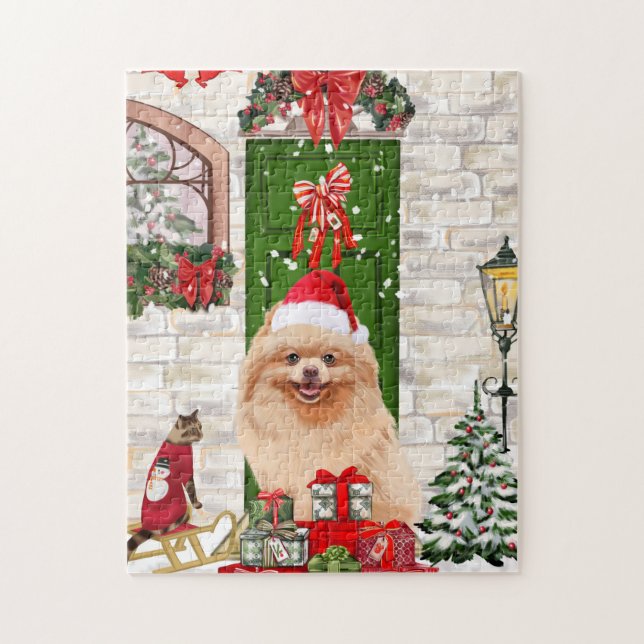 Puzzle Navidades de perros de Pomerania (Vertical)
