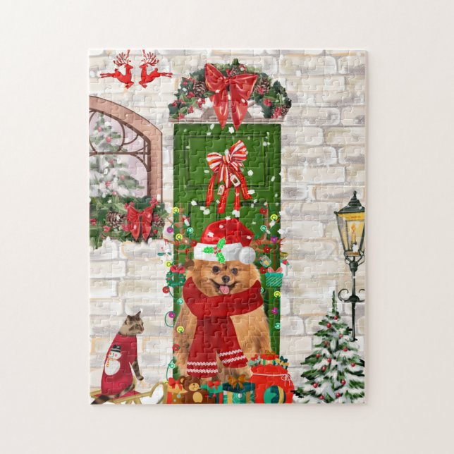 Puzzle Navidades de perros de Pomerania (Vertical)