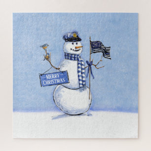 Puzzle Navidades de Snowman en la línea azul delgada de l