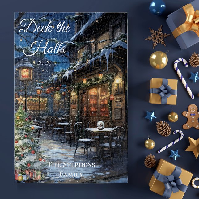Puzzle Navidades de vacaciones Village DIner Deck the Hal (Cozy Holiday Snow Christmas Village Restaurant "Deck the Halls" Family Greeting and Year Puzzle)