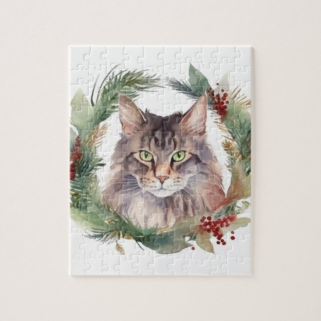 Puzzle Navidades del gato Maine Coon Wreath Festive Kitte (Vertical)