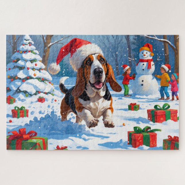 Puzzle Navidades del Hound Basset Festive Escena de Nieve (Horizontal)