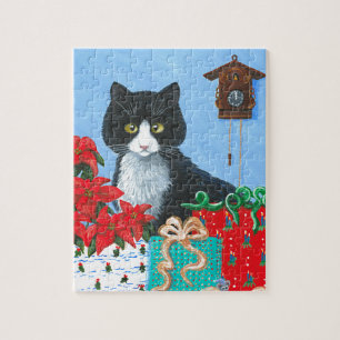 Puzzle Navidades divertidos Cat Black Tuxedo Cuckoo Clock