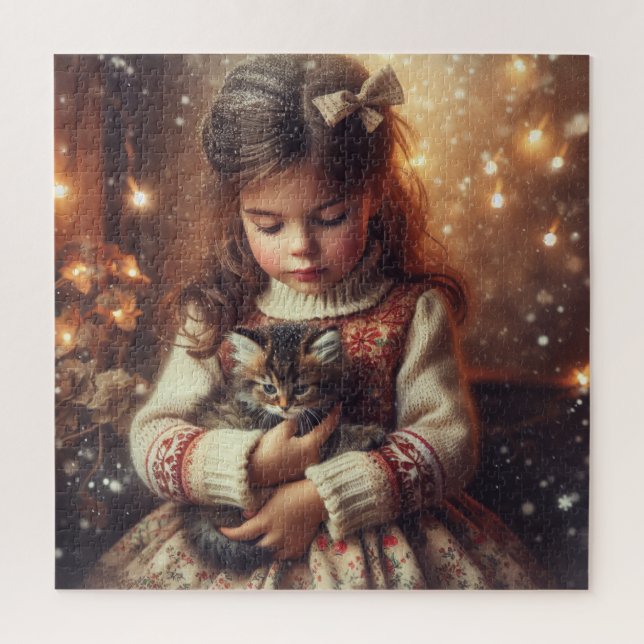 Puzzle Navidades dulces de Little Girl y Kitten (Vertical)