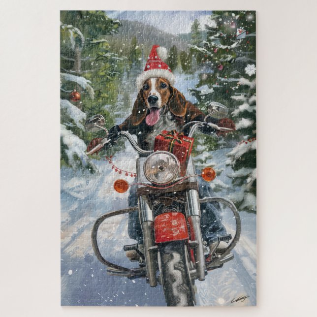 Puzzle Navidades en motocicleta de Bluetick Coonhound Dog (Vertical)