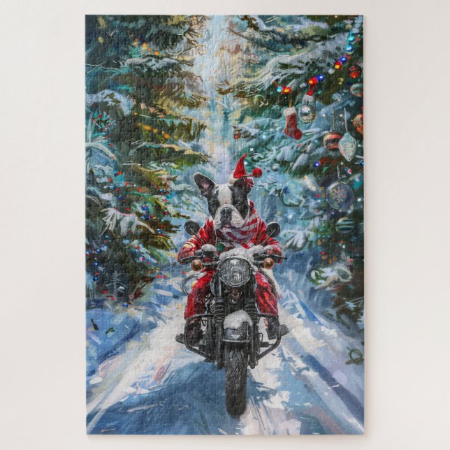 Puzzle Navidades en motocicleta de Boston Terrier Dog Rid (Vertical)