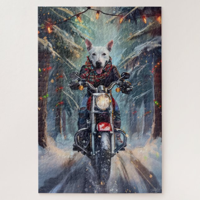 Puzzle Navidades en motocicleta de Bull Terrier Dog Ridin (Vertical)