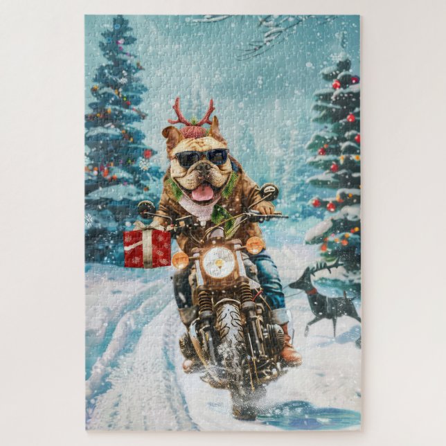Puzzle Navidades en motocicleta de bulldog (Vertical)