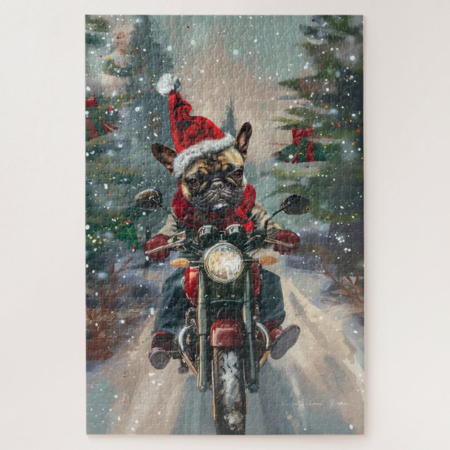 Puzzle Navidades en motocicleta de Bulldog francés (Vertical)