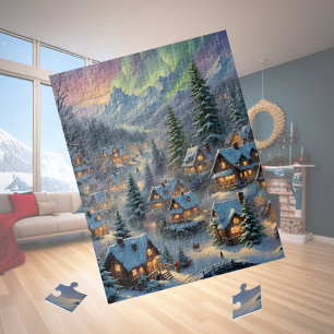 Puzzle Navidades en un pueblo de montaña, luces polares