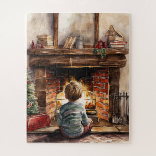 Puzzle navidades festivos niño chimenea acuarela