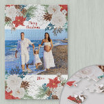 Puzzle Navidades Flores Foto personalizada<br><div class="desc">Crea tu propio rompecabezas con una de tus fotos favoritas. Su imagen está enmarcada con flores de invierno y follaje, incluyendo poinsettia, rosas blancas, bayas y conos de pino. El texto está escrito en rojo, con tipografía de escritura de brocha y es completamente editable. Actualmente se lee Feliz Navidad y...</div>