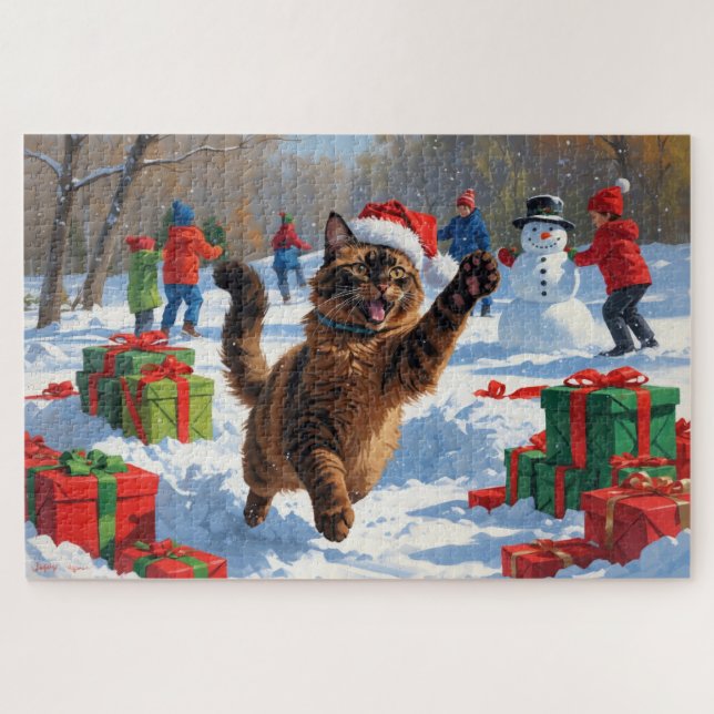 Puzzle Navidades gatos abisinos celebran escena de nieve (Horizontal)