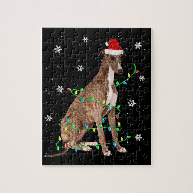 Puzzle navidades grises iluminan lindo santa greyhound (Vertical)