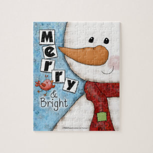 Puzzle Navidades merry y brillantes Snowman y pájaro rojo