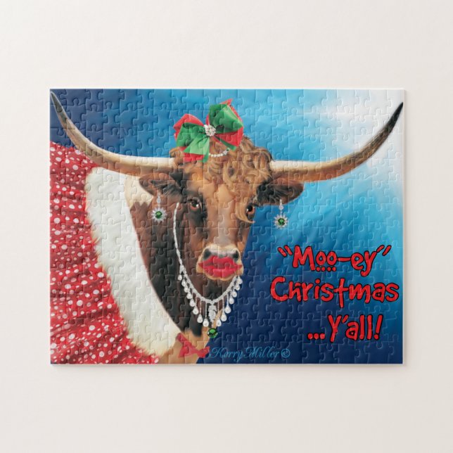 Puzzle navidades "MOO"-ey, vaca longhorn (Horizontal)