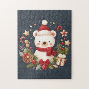 Puzzle Navidades/oso de invierno en corona de flores