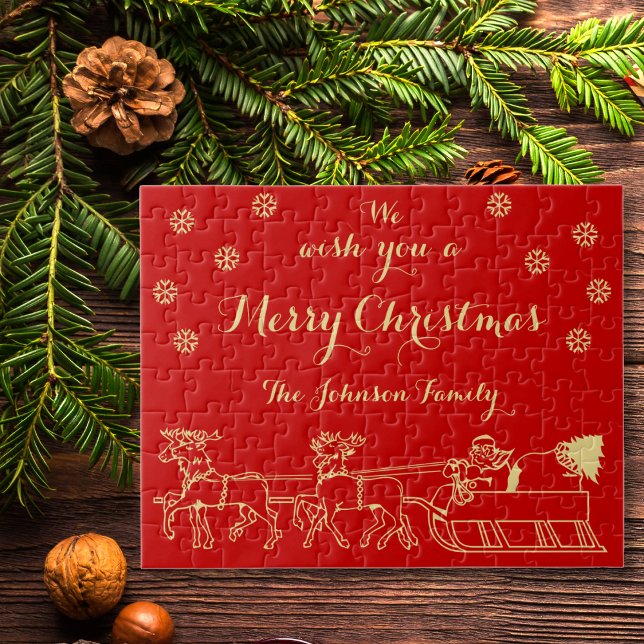 Puzzle Navidades personalizados regalan juego familiar Re (Personalized Christmas Gift Family Game Red Gold Jigsaw Puzzle)
