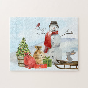Puzzle Navidades rusos escenifican a Snowman, nieve, árb