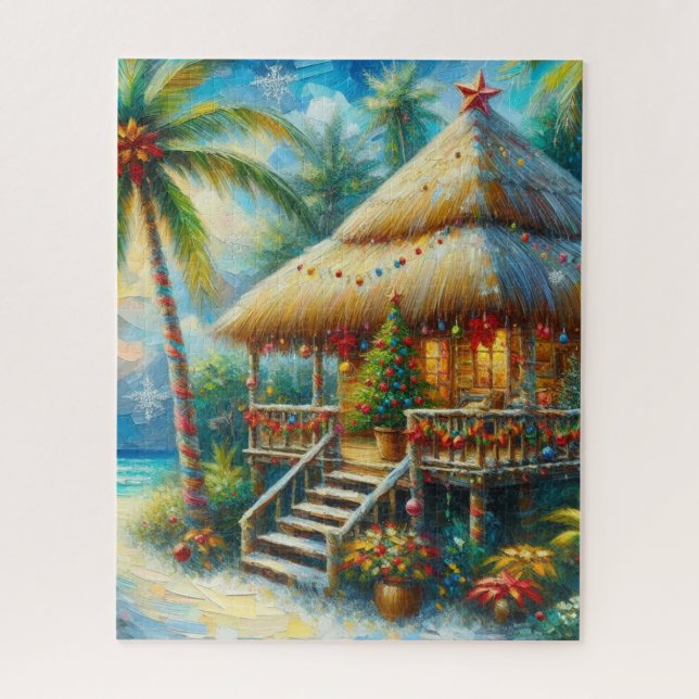 Puzzle Navidades Tropical Hut Palm Tree Beach Lights (Vertical)