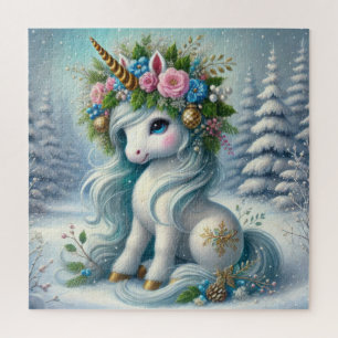 Puzzle Navidades unicornio blanco con cuerno de oro