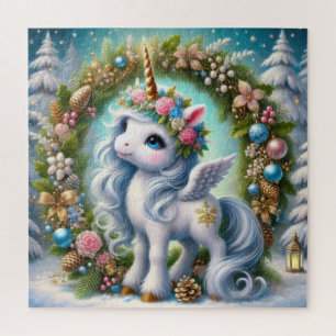 Puzzle Navidades unicornio blanco con cuerno de oro