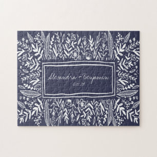 Puzzle Navy Blue Garden Floral Art Border Name Wedding