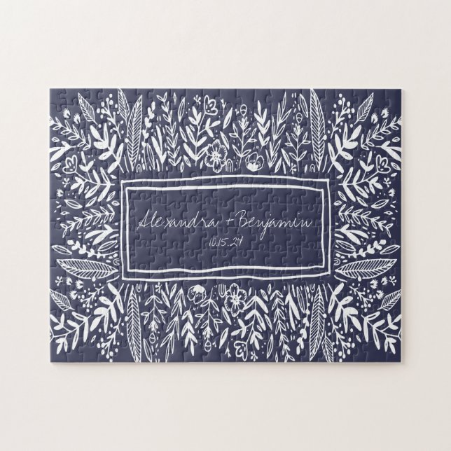 Puzzle Navy Blue Garden Floral Art Border Nombre Boda (Horizontal)