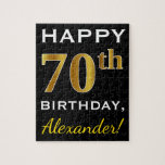 Puzzle Negro, Faux Gold 70th Birthday   Nombre personaliz<br><div class="desc">Este diseño de rompecabezas presenta el mensaje "Feliz cumpleaños número 70",  con el "70" en apariencia de oro falso. También incluye un nombre personalizado y un fondo de color negro. Se podría dar a alguien que esté celebrando su septuagésimo cumpleaños.</div>