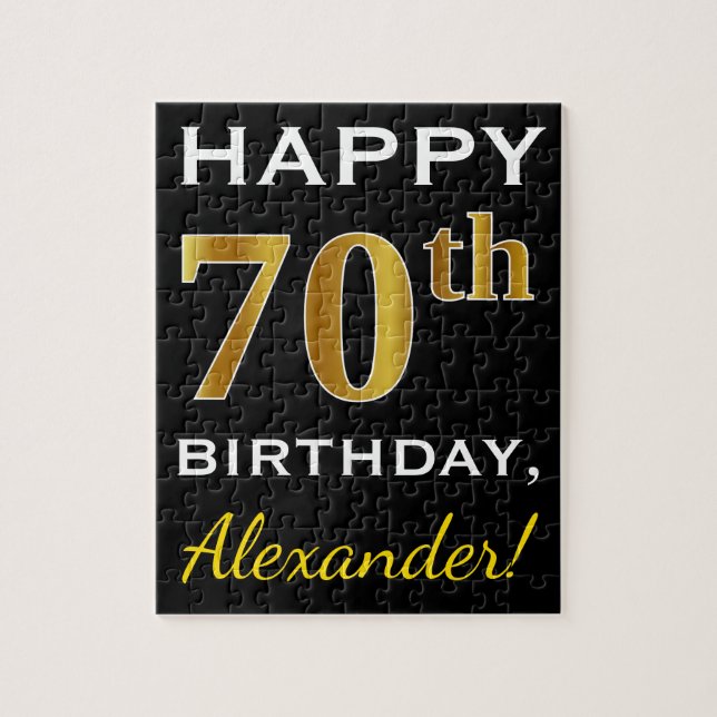 Puzzle Negro, Faux Gold 70th Birthday + Nombre personaliz (Vertical)