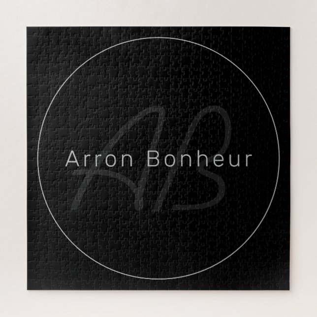 Puzzle Negro y gris moderno | Nombre de Guay y Monograma (Vertical)