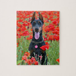 Puzzle Negro y Tan Doberman Pinscher en flores rojas