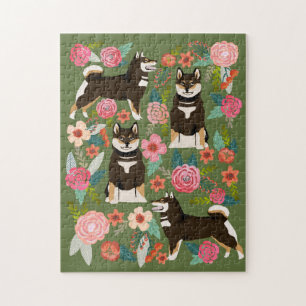 Puzzle Negro y Tan Shiba Inu Florals