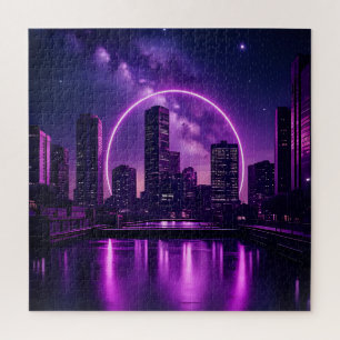 Puzzle Neon Cyberpunk Cityscape - Futurista Púrpura