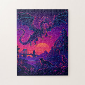 Puzzle Neon Dragon Realm – Synthwave Fantasy Landscape